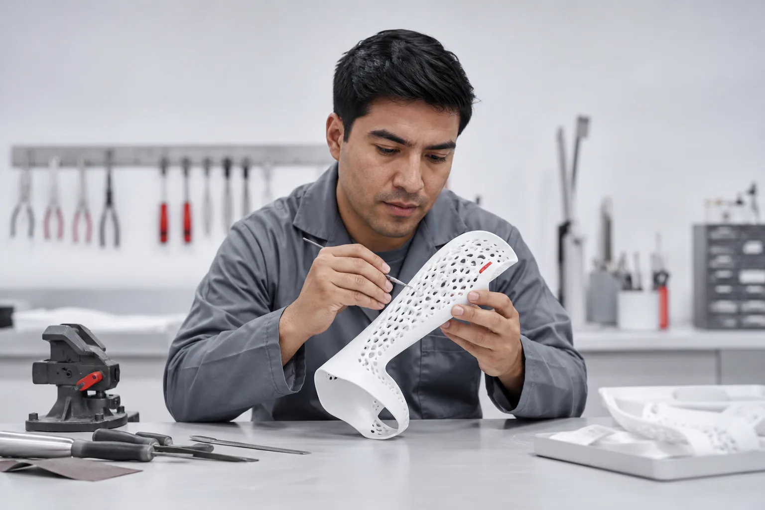 Técnico ortopédico ajustando una férula impresa en 3D en su taller