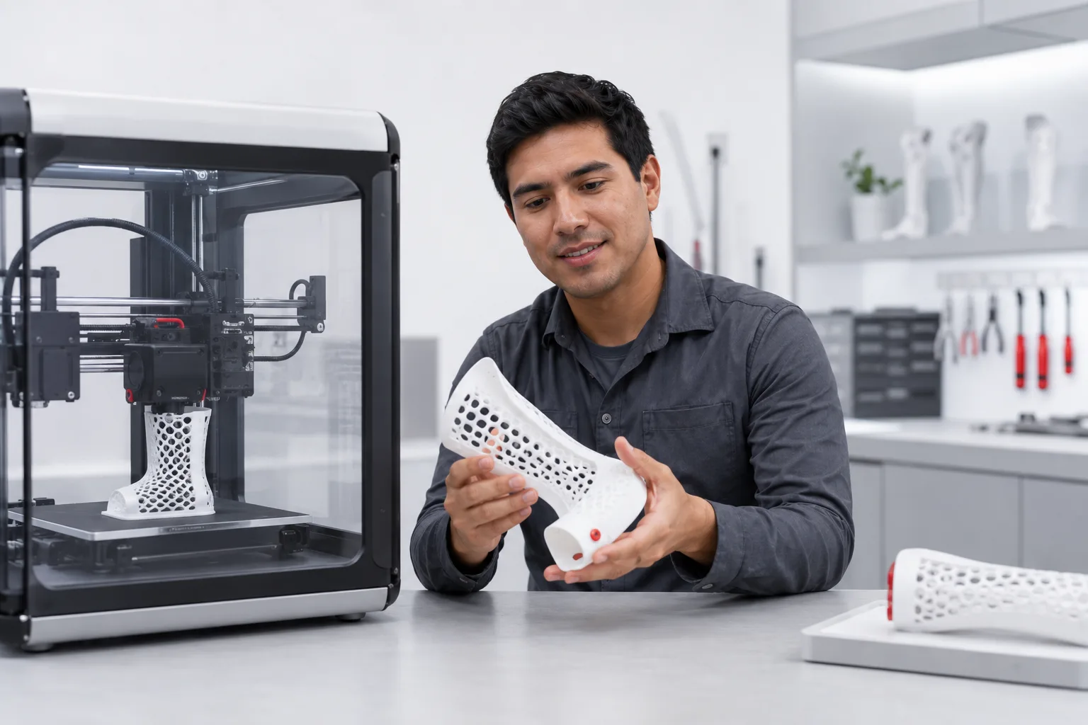 Maker emprendedor junto a una impresora 3D fabricando órtesis